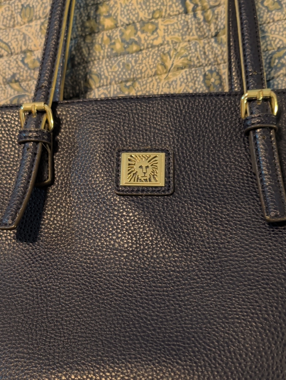 Anne Klein Navy Pebbled Leather Shoulder Bag with Gold Tone Logo